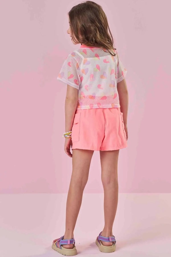 Conjunto Infantil Kukiê Verão, Shorts Rosa Top Branco e Sobreposição em Tela Corações