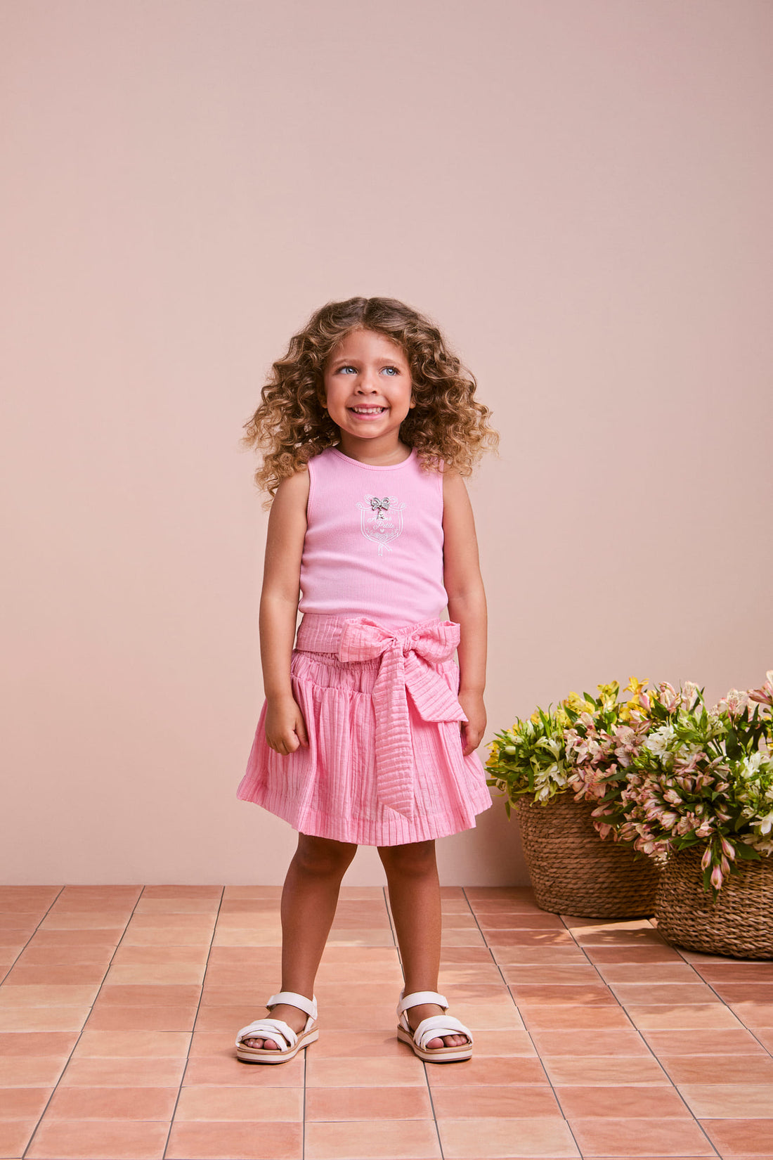 Conjunto Infantil Animê Verão Saia com Lacinho e Regata Rosa