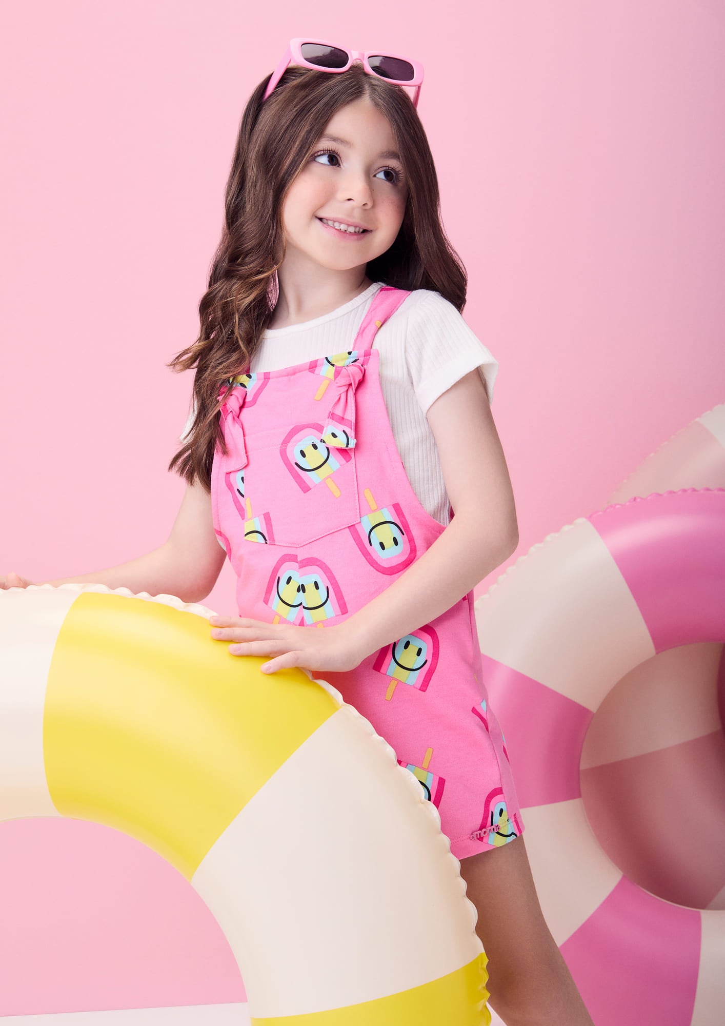 Jardineira Infantil Momi Verão Rosa Sorvetinho Feliz