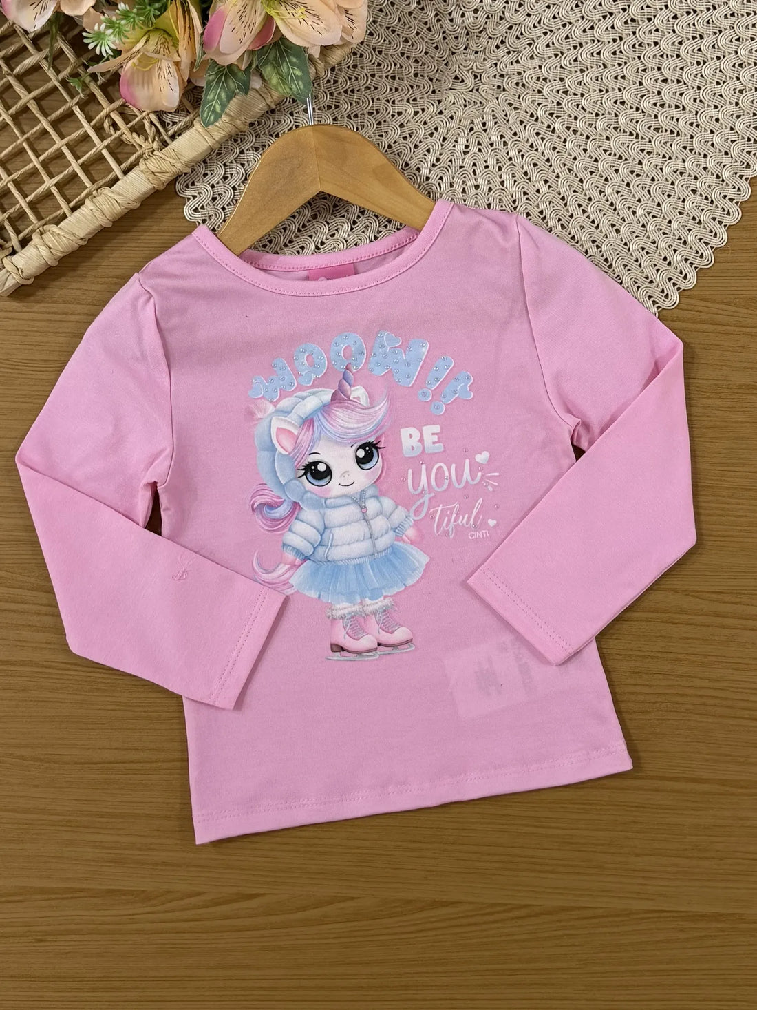 Conjunto Infantil Cinti Inverno Com Shorts Cinza e Blusa Manga Longa Rosa Unicórnio