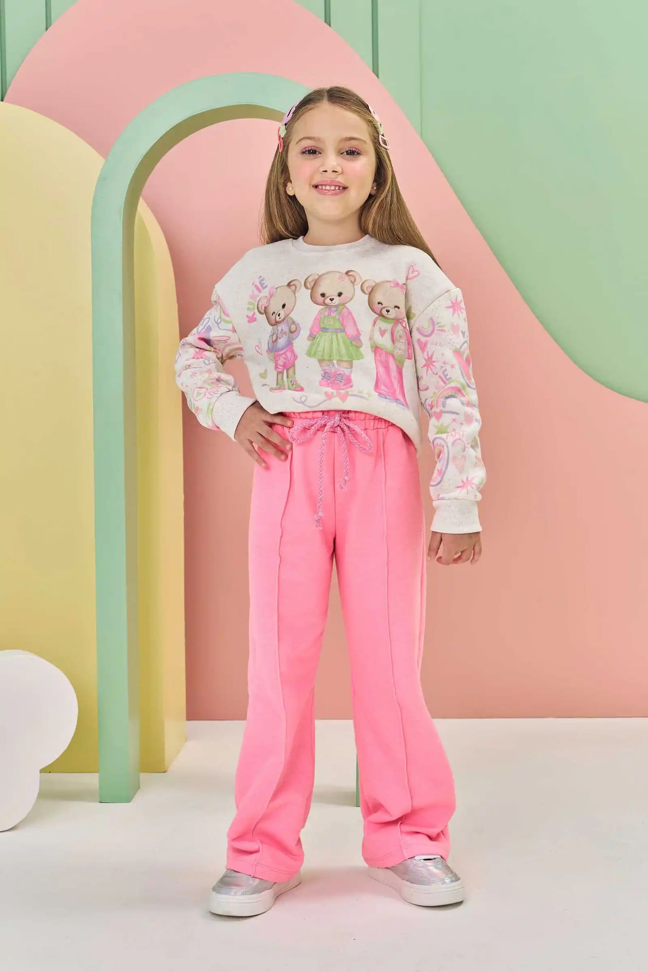 Conjunto Infantil Kukie Inverno Calça Wide Leg Rosa Casaco Ursinhos