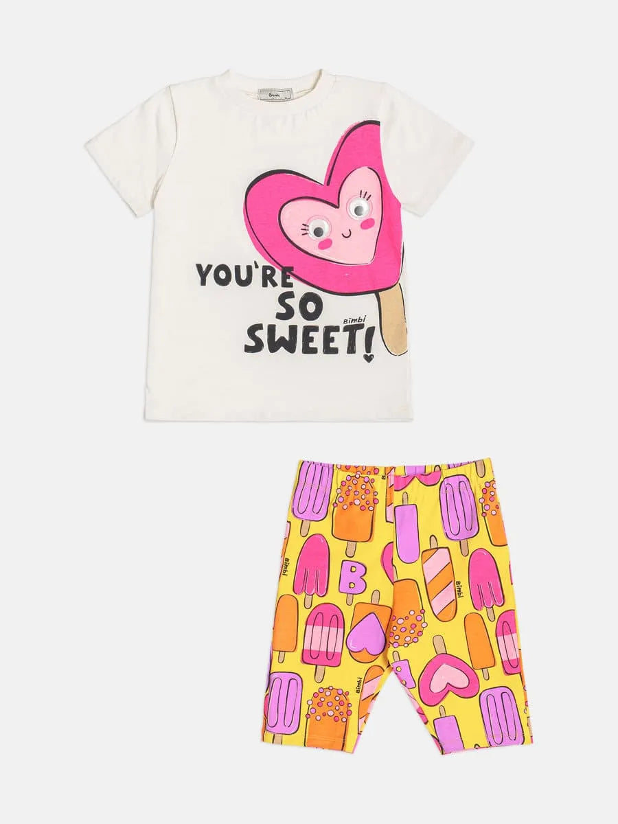 Conjunto Infantil Menina Bimbi com Shorts Ciclista Amarelo e Blusa Branca Docinhos