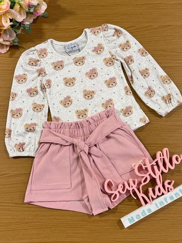 Conjunto Infantil Kukie Inverno Shorts Rosa e Blusa Ursinha