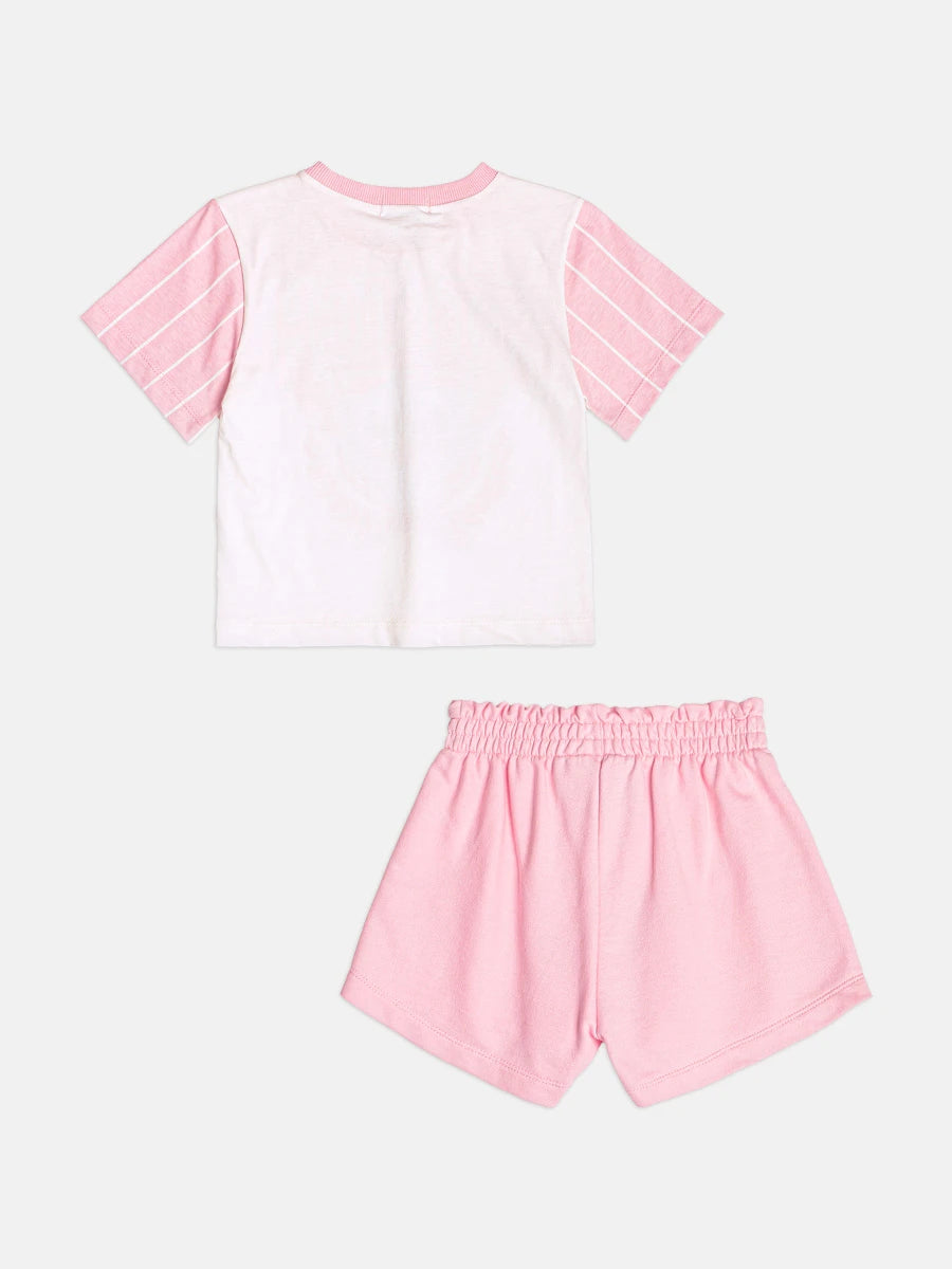 Conjunto Infantil Momi Inverno com Shorts Rosa e Blusa Manga Curta Listrada Stitch Aloha Disney