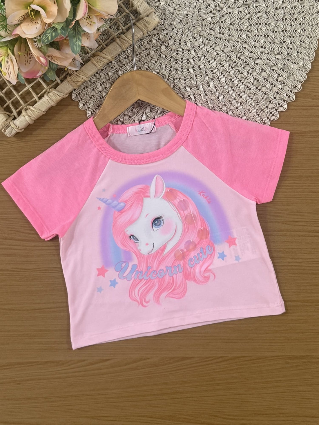 Conjunto Infantil Kukiê Verão com Shorts Saia e Blusa Rosa Unicórnio