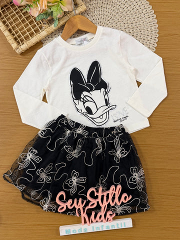 Conjunto Infantil Momi Inverno com Saia em Tule Preto e Blusa Manga Longa Daisy Love