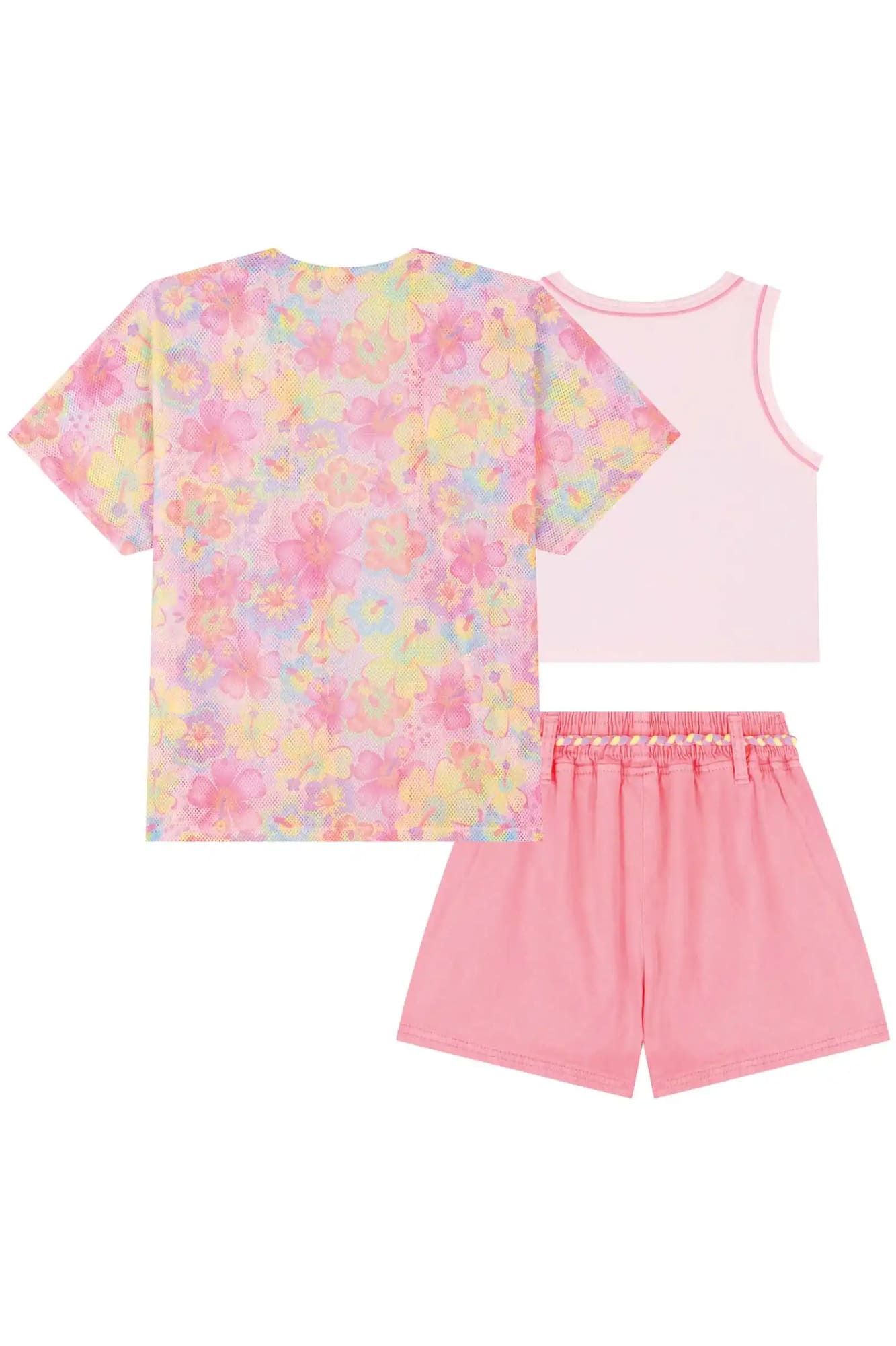 Conjunto infantil Kukiê Verão Blusa, Kimono Floral e shorts Rosa