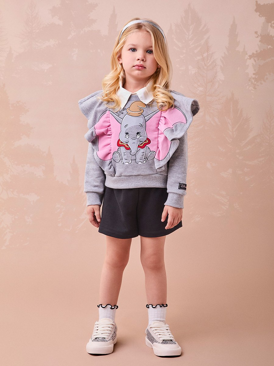 Conjunto Infantil Momi Inverno Shorts Preto e Casaco Dumbo com Babados Disney