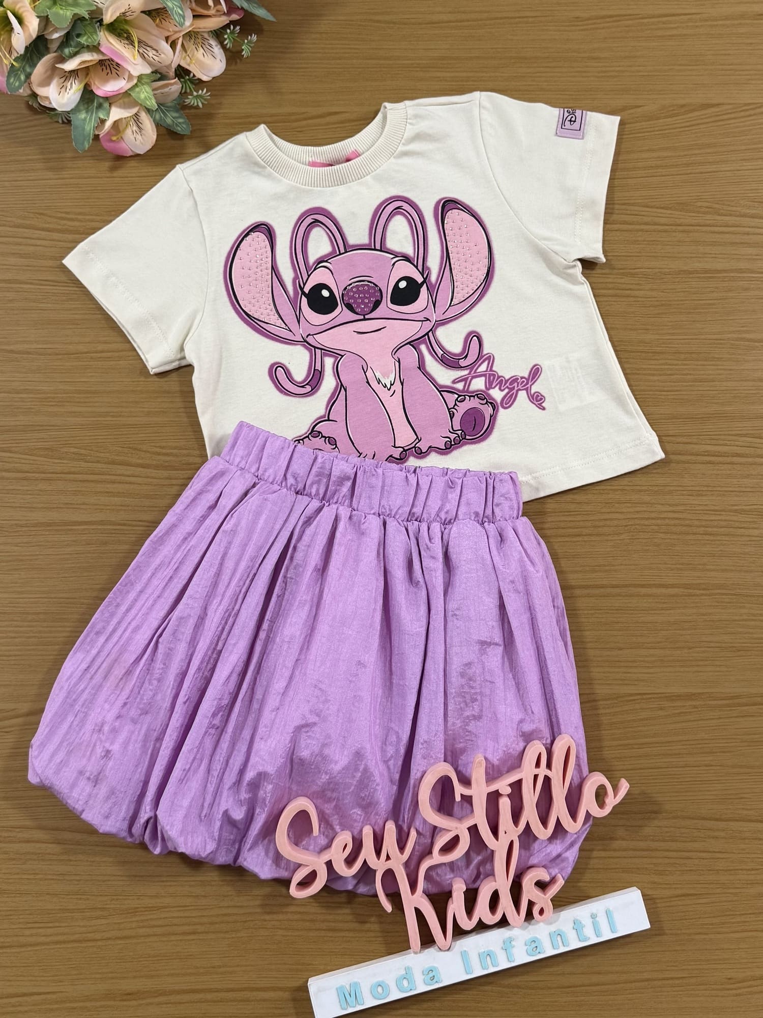Conjunto Infantil Momi Inverno com Saia  Lilás e Blusa Angel Disney