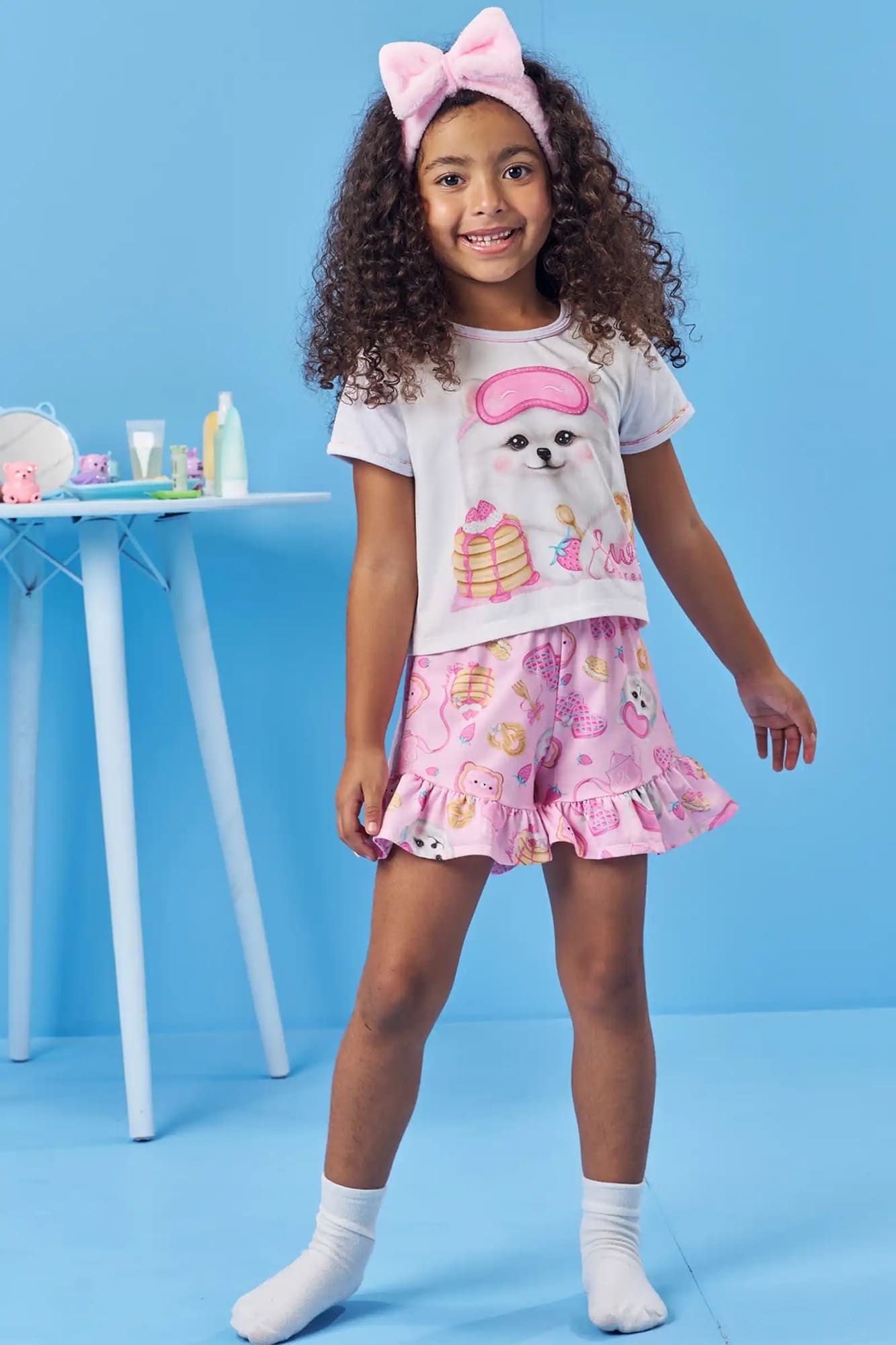 Pijama Infantil Kukiê Verão com Shorts Rosa e Blusa Branca Cachorrinha