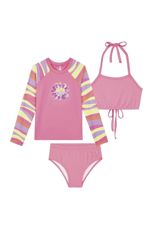 Biquíni Infantil Kukiê Verão com Blusa Manga Longa Rosa Florzinha