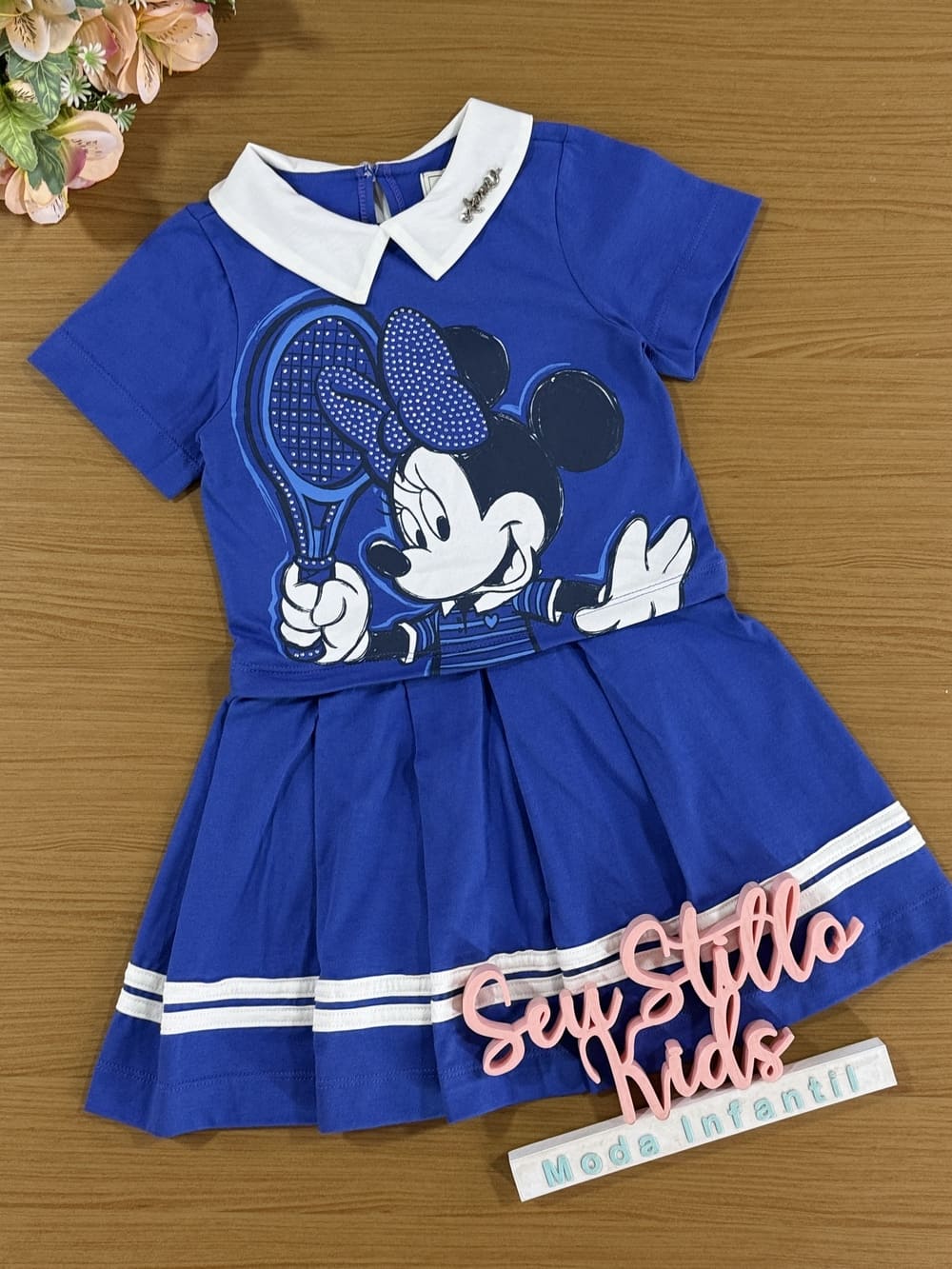 Vestido Infantil Animê Verão Azul Minnie Esportiva Disney
