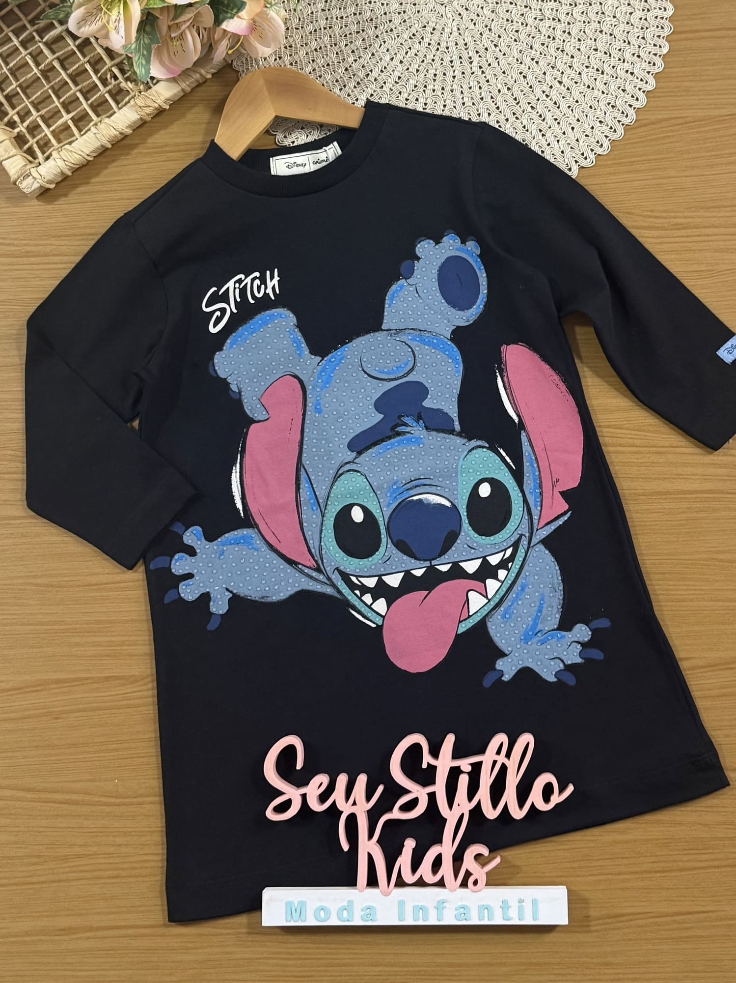 Vestido Infantil Inverno Preto Stitch com Strass
