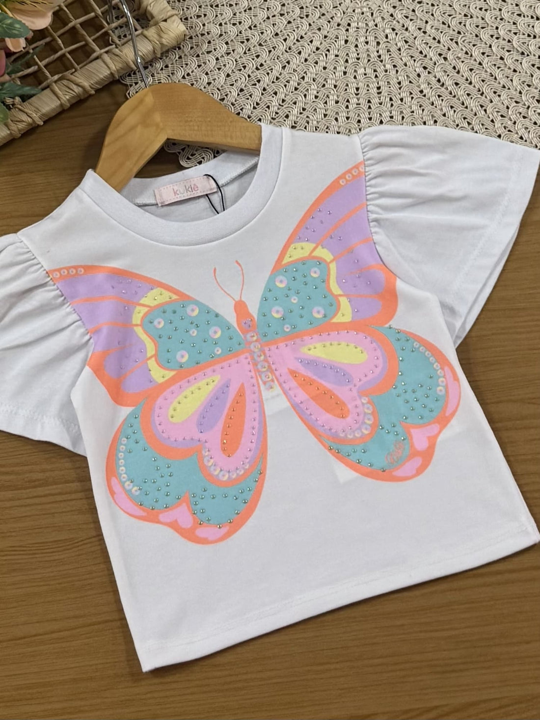 Conjunto Infantil Kukiê Verão com Saia Laranja e Blusa Branca Borboleta