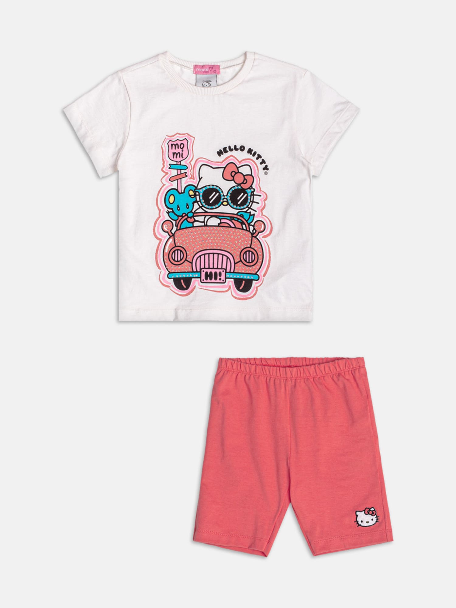 Conjunto Infantil Momi Verão com Shorts Ciclista Vermelho e Blusa Branca Hello Kitty Viagem