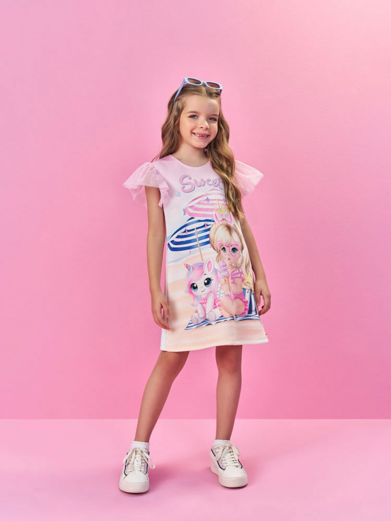 Vestido Infantil Cinti Verão Rosa Unicórnio na Praia