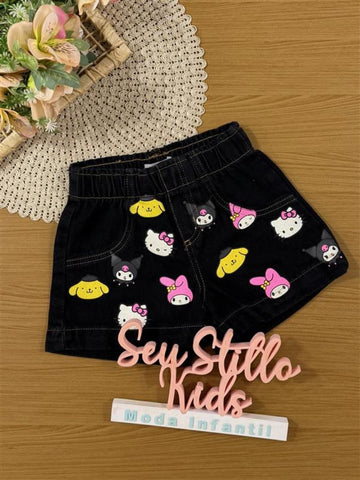 Shorts Infantil Momi Inverno Jeans Preto Hello Kitty