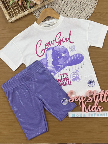 Conjunto Infantil Animê Verão com Shorts Ciclista Lilás e Blusa Branca Cowgirl