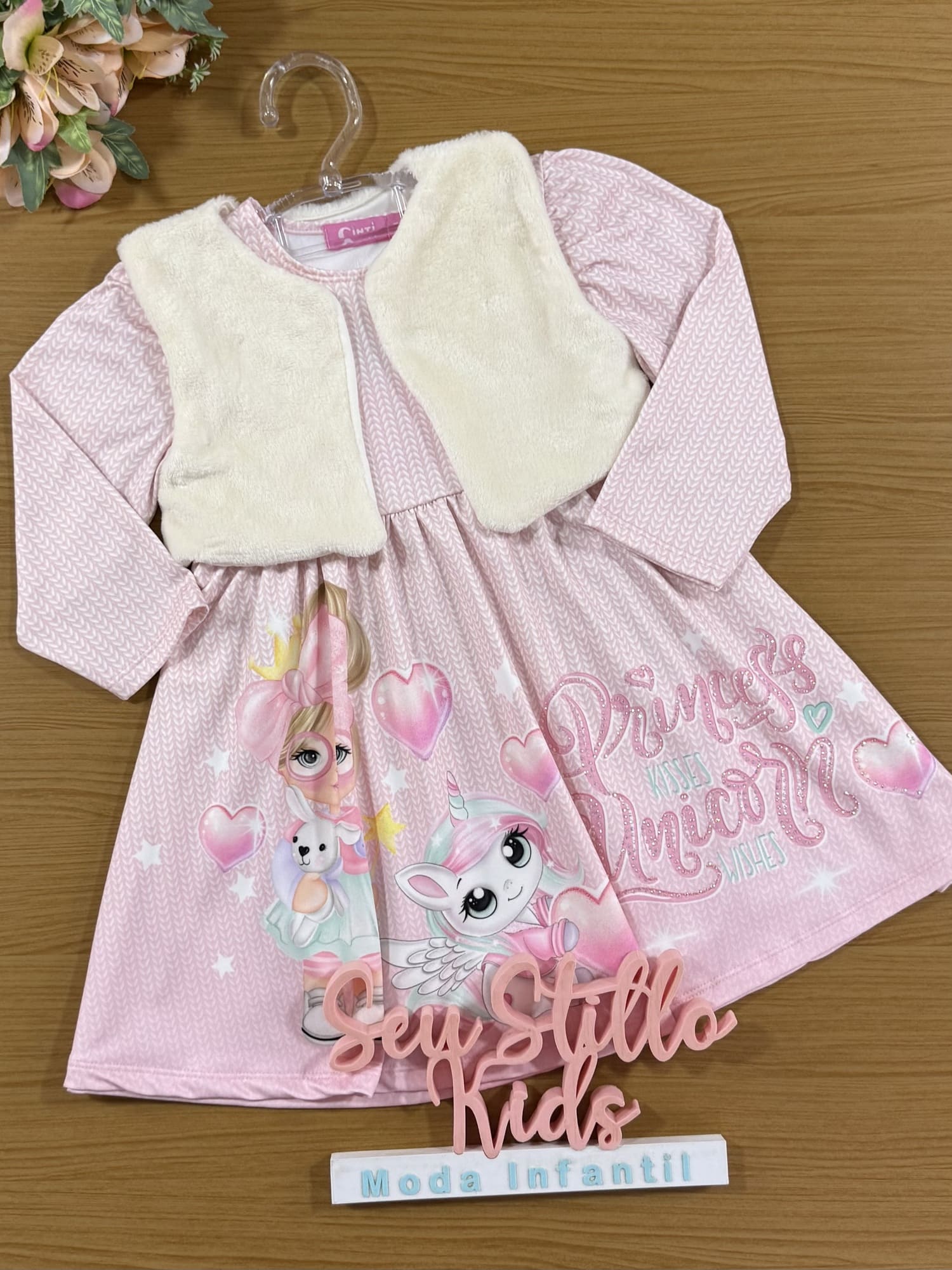 Vestido Infantil Cinti Inverno Rosa com Colete Unicórnio