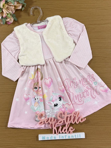 Vestido Infantil Cinti Inverno Rosa com Colete Unicórnio