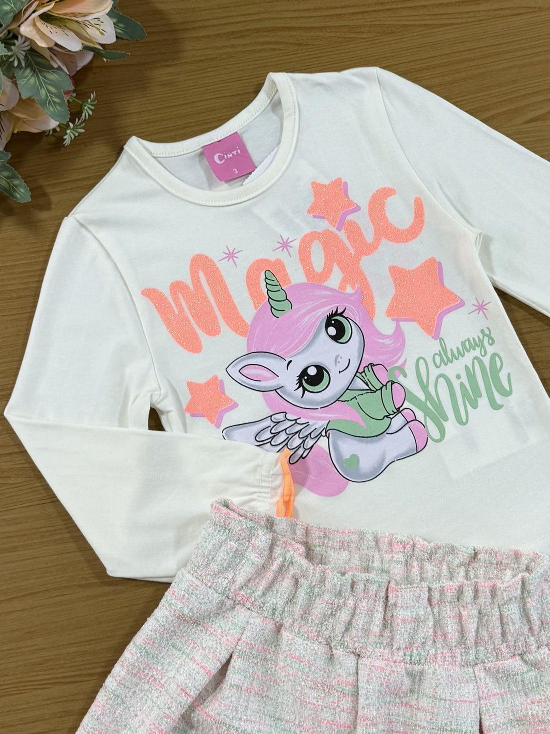 Conjunto Infantil Cinti Inverno Shorts Tweed E Blusa Unicórnio Laranja