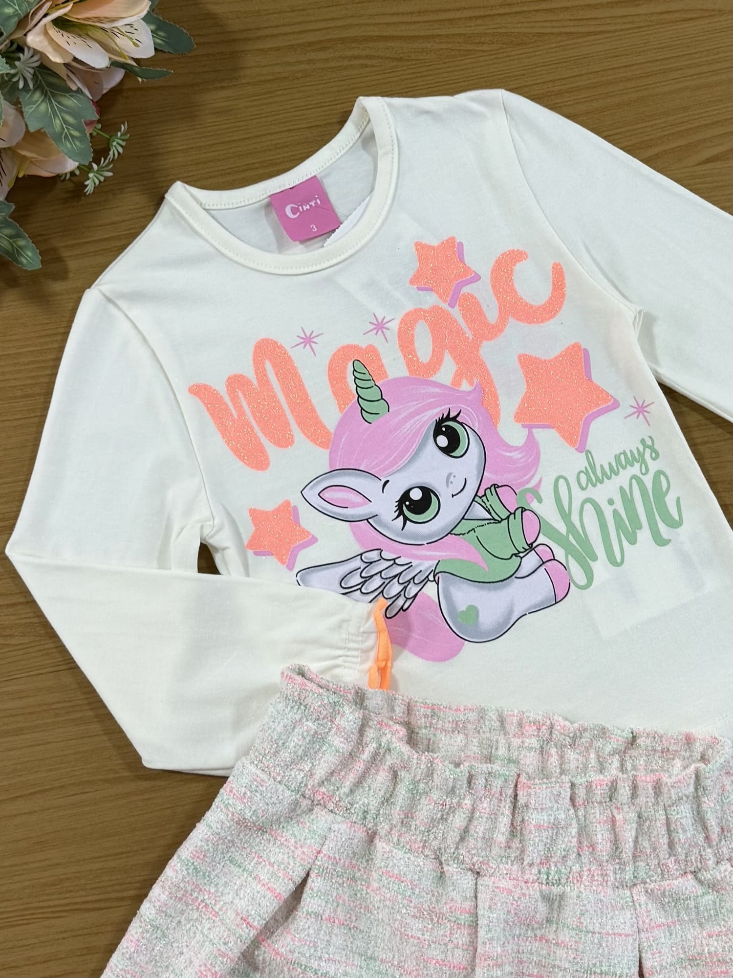 Conjunto Infantil Cinti Inverno Shorts Tweed E Blusa Unicórnio Laranja