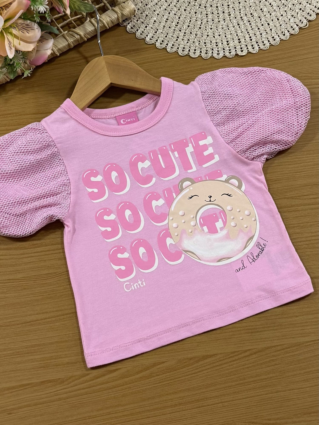 Conjunto Infantil Cinti Verão com Shorts e Blusa Rosa com Manga em Tela Cute