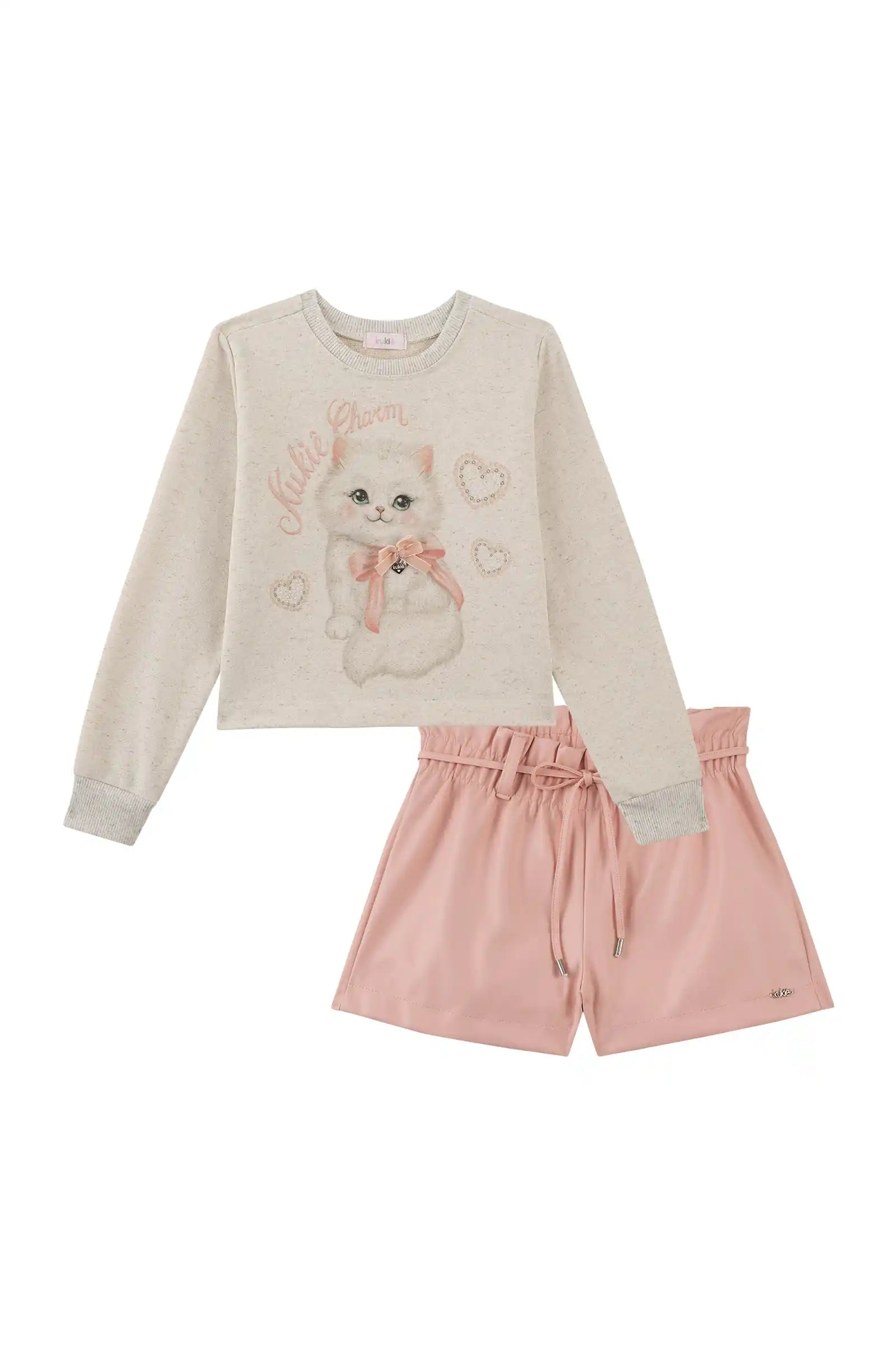 Conjunto Infantil Kukiê Inverno com Shorts Rosa e Moletom sem Flanela Gatinha com Strass