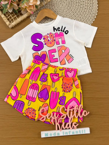 Conjunto Infantil Menina Bimbi Shorts Amarelo Picolé e Blusa Summer