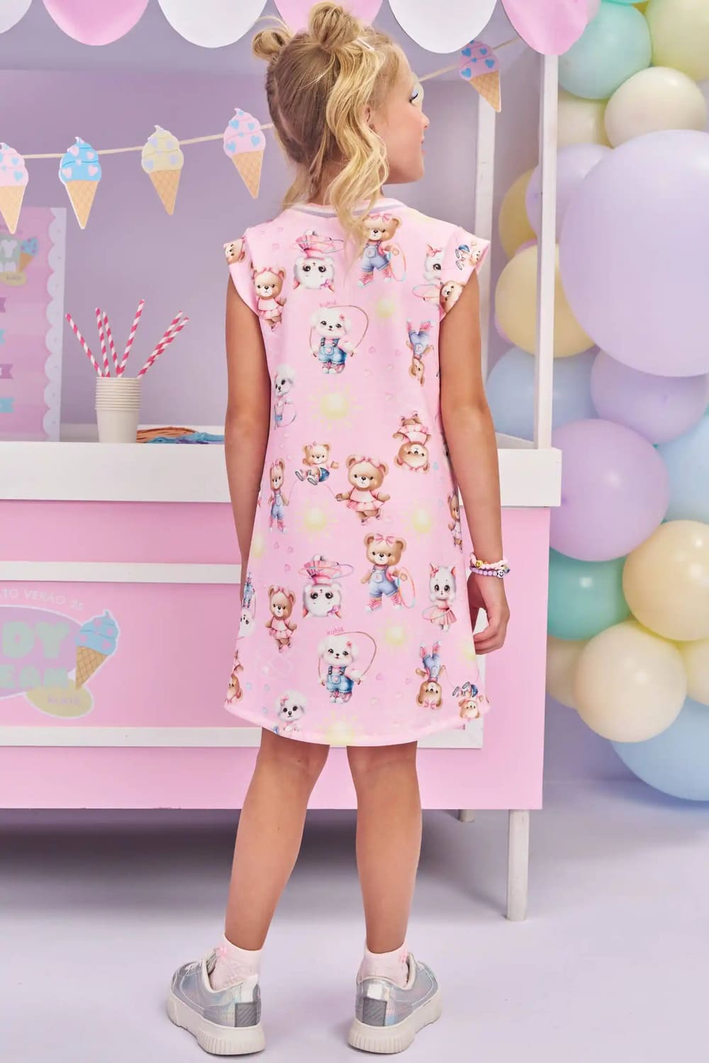 Vestido Infantil Kukie Verão Rosa Ursinha