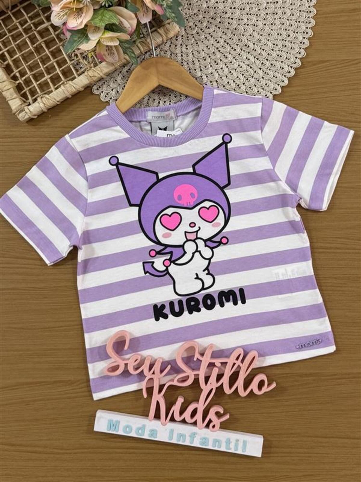 Blusa Infantil Momi Verão Listrada Lilás Kuromi