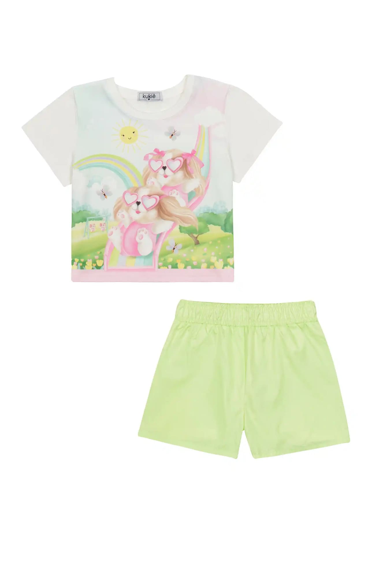 Conjunto Infantil Kukiê com Shorts Verde Neon e Blusa Manga Curta Cachorrinhas no Paque