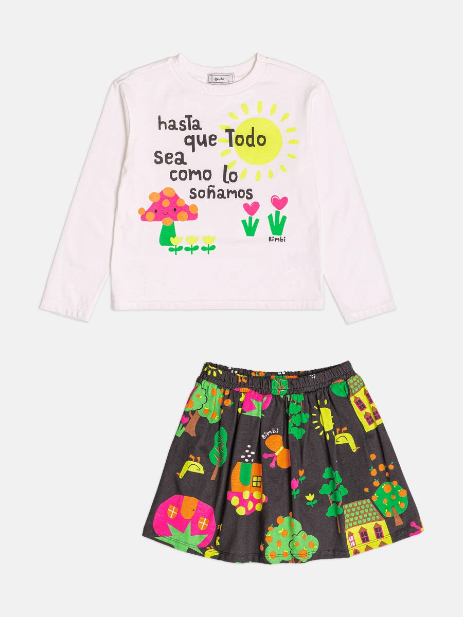 Conjunto Infantil Bimbi Inverno com Saia Preta e Blusa Manga Longa Cogumelo Feliz