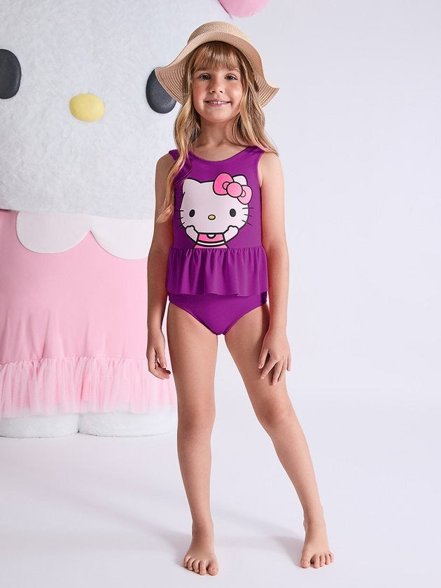 Maiô Infantil Momi Verão Roxo com Babado Hello Kitty