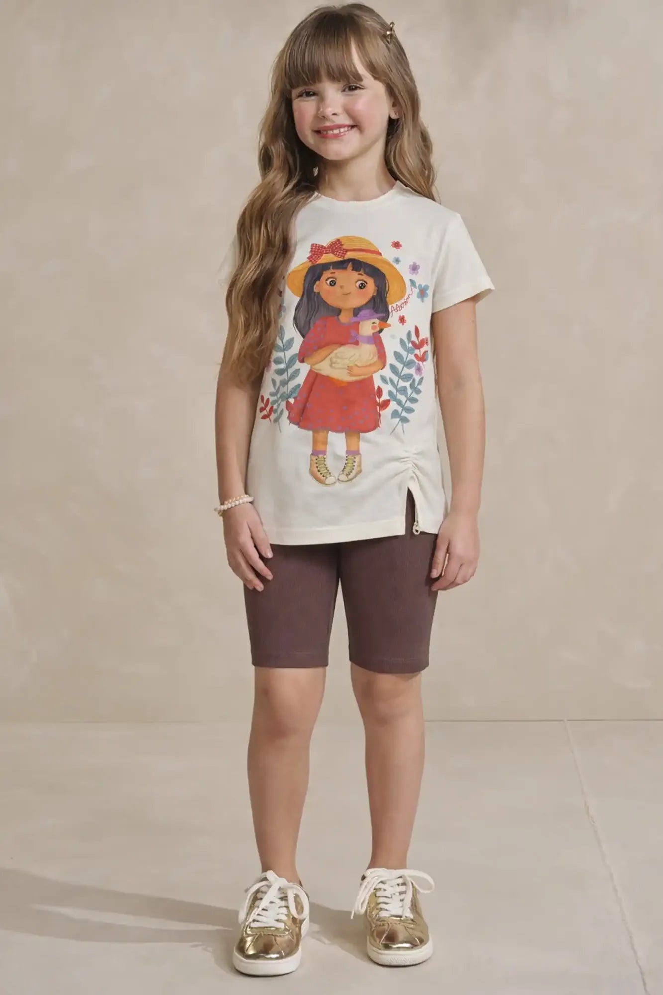 Conjunto Infantil Kukiê com Shorts Ciclista e Blusa Branca Menina Camponesa