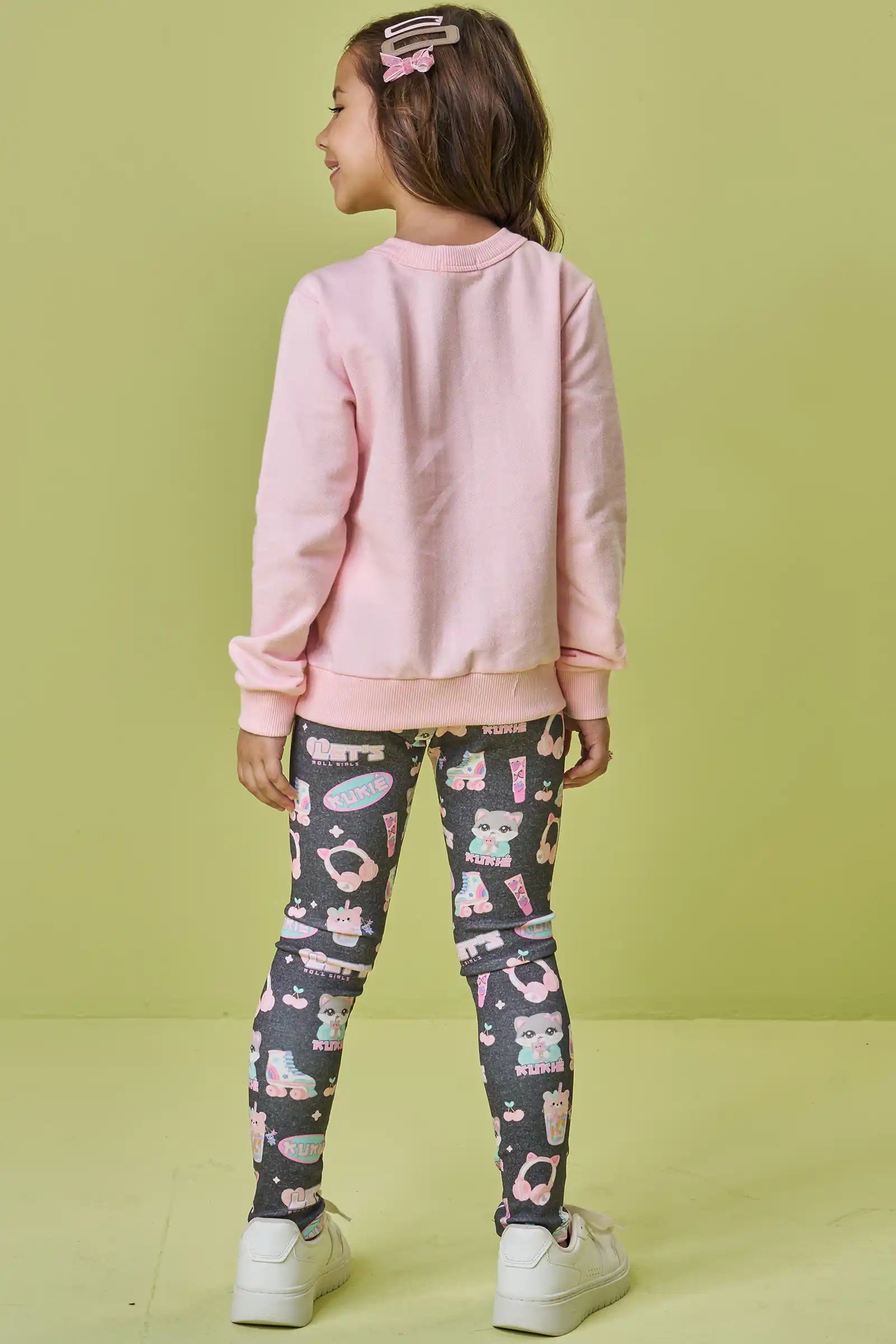 Conjunto Infantil Kukiê Inverno com Calça Legging e Moletom Sem Flanela Rosa Gatinha