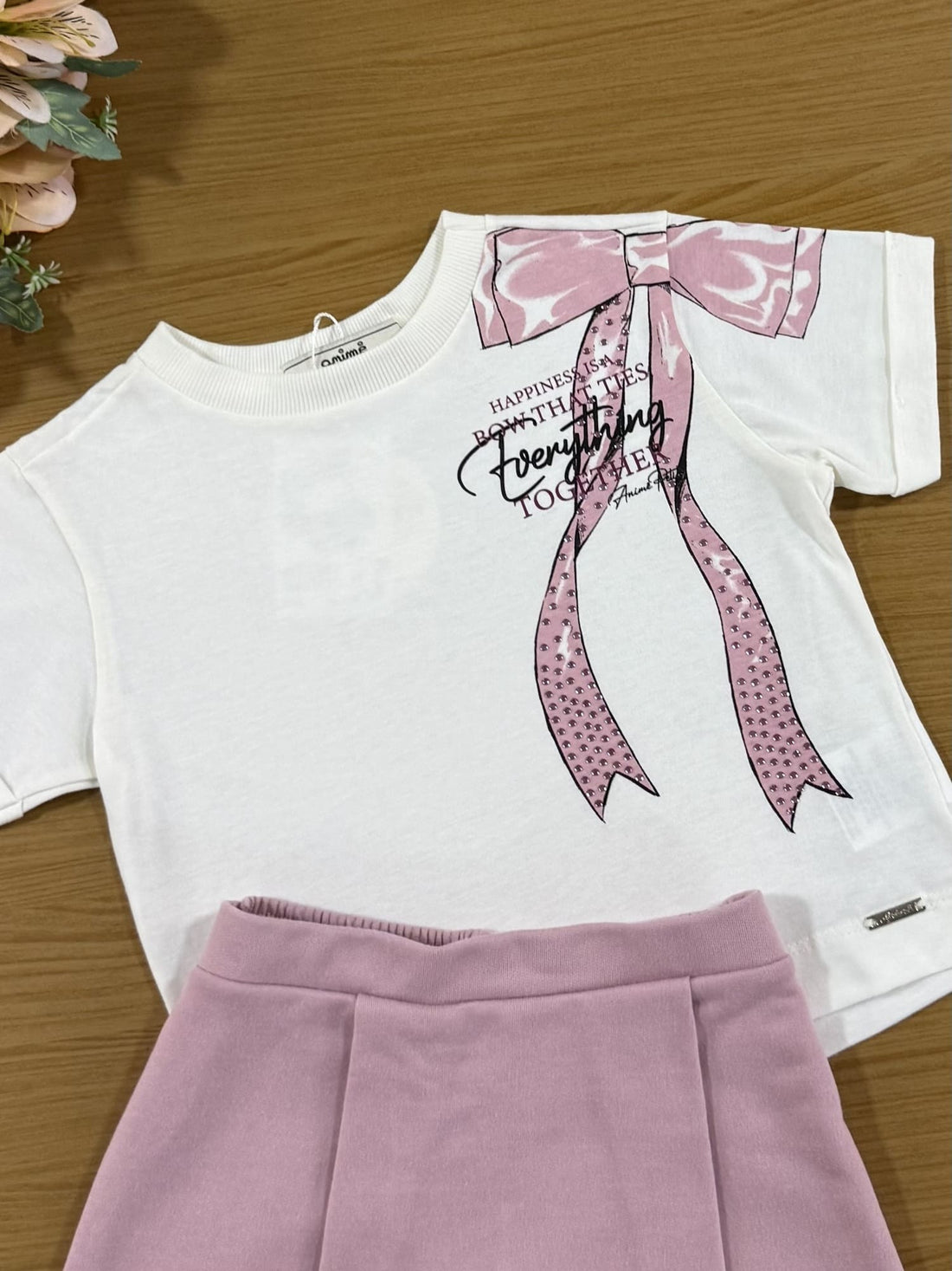 Conjunto Infantil Animê Inverno com Short-Saia Rosa e Blusa Lacinho