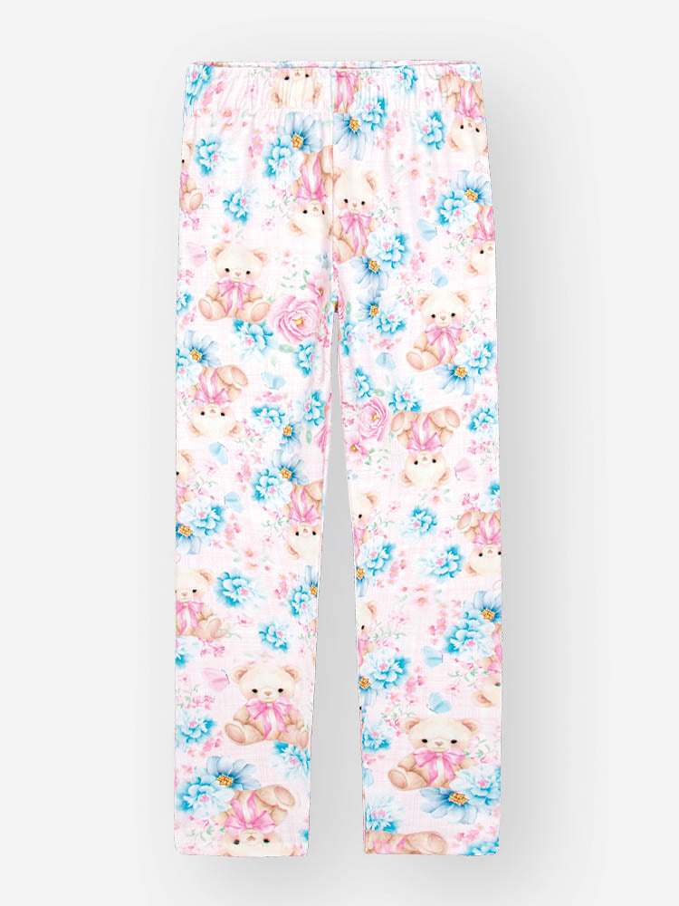 Conjunto Infantil Cinti Verão Calça Legging Rosa e Blusa Branca Flores com Strass