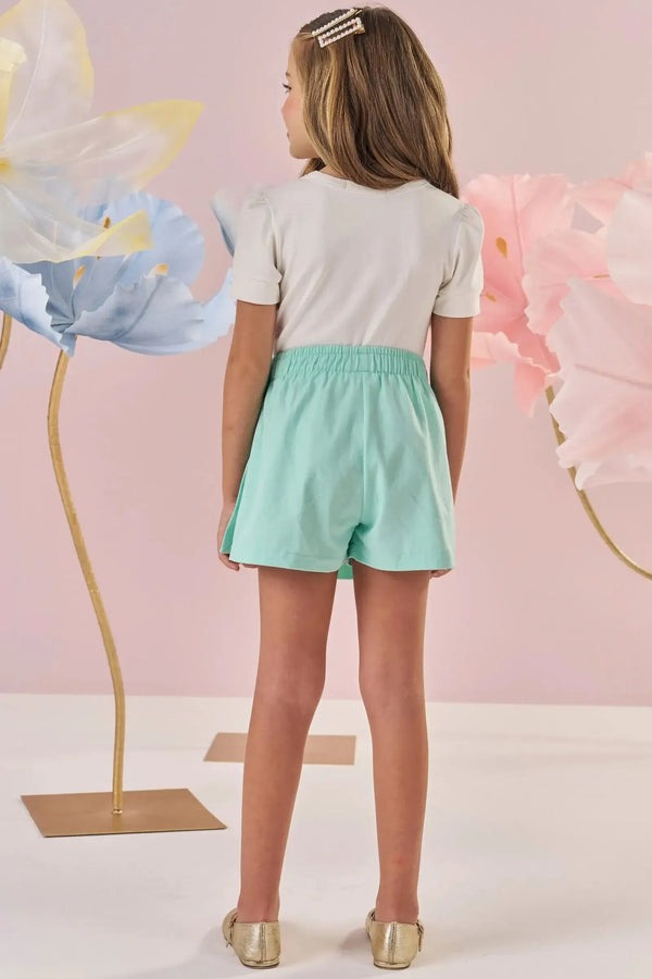Conjunto Infantil Kukiê Verão com Shorts Saia Verde e Blusa Branca Flower