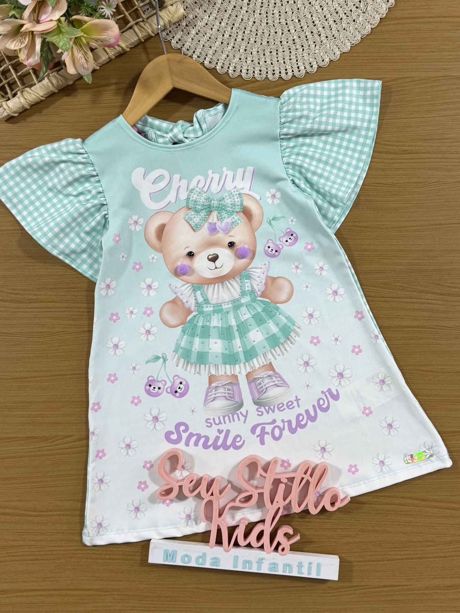 Vestido Infantil Cinti Verão Manga Curta Azul Xadrez Ursinha Floral