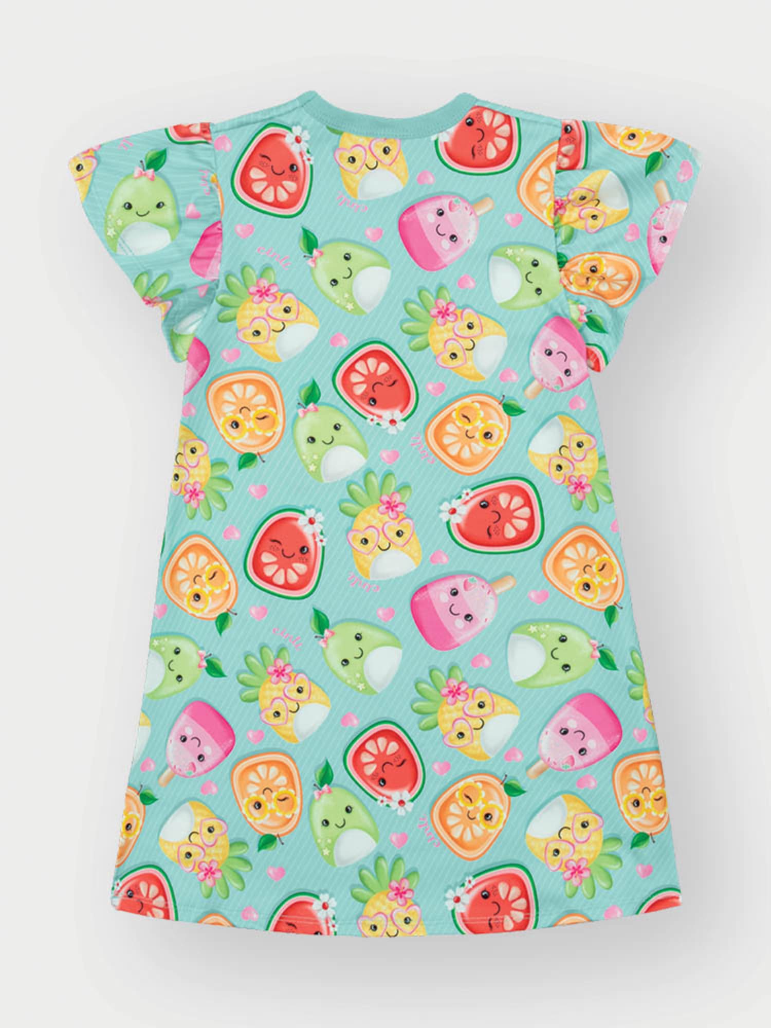 Vestido Infantil Cinti Verão Azul Frutinhas com Strass