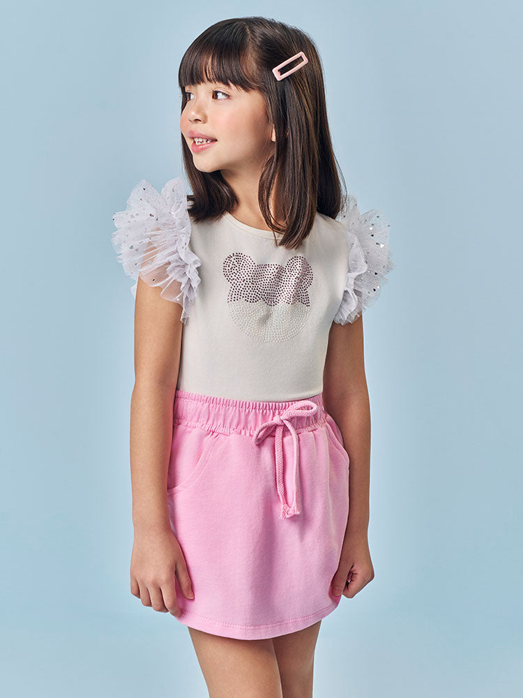 Conjunto Infantil Cinti Verão com Shorts Saia Rosa e Blusa Branca Ursinho com Strass