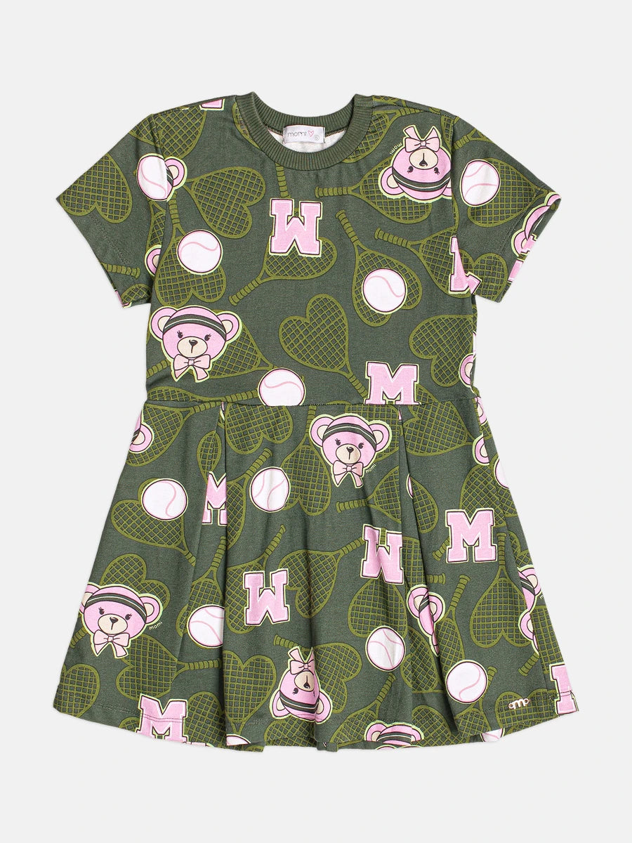 Vestido Infantil Momi Inverno Verde Ursinha Tênista