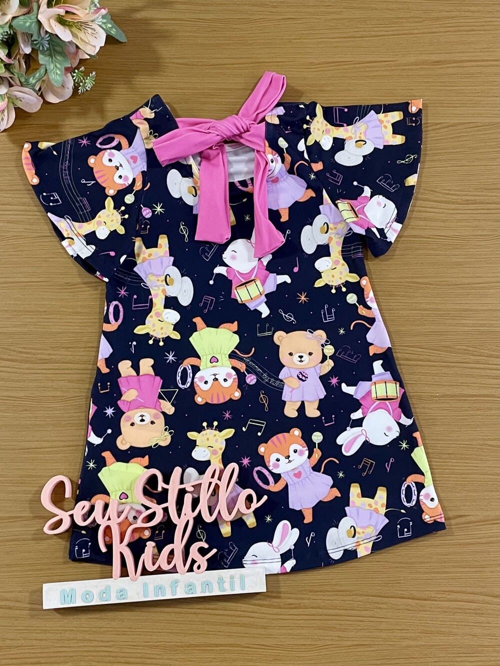 Vestido Infantil Kukie Alecrim Verão Azul Girafinha Musical