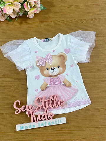 Blusa Infantil Kukie Verão Branca Ursinha