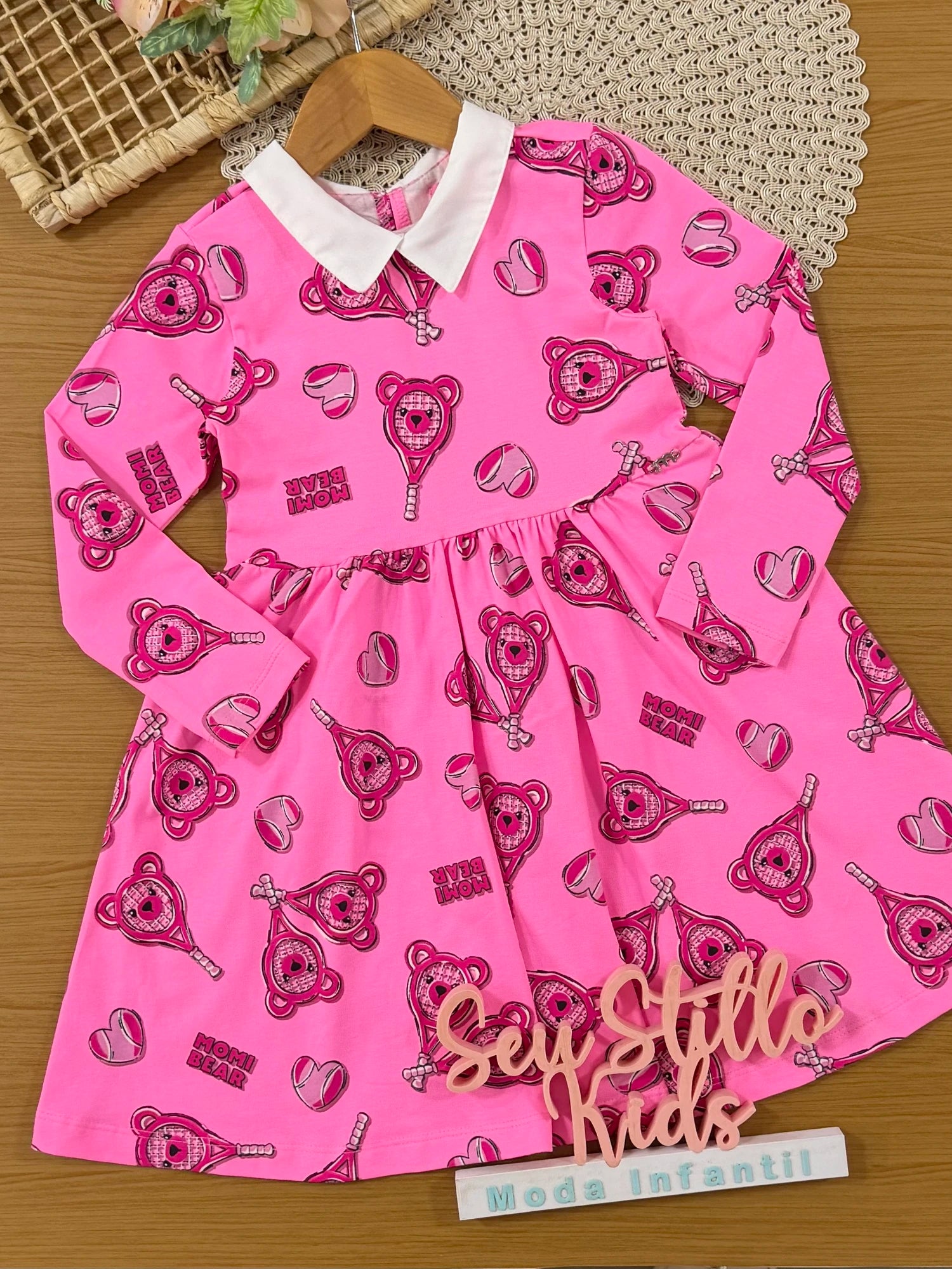 Vestido Infantil Momi Inverno Rosa Ursinhos Raquetes