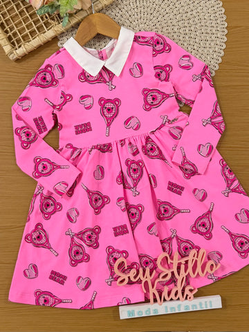 Vestido Infantil Momi Inverno Rosa Ursinhos Raquetes