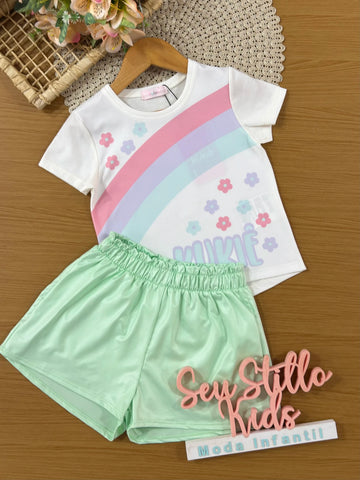 Conjunto Infantil Kukiê com Shorts Verde e Blusa Florzinha Arco-íris