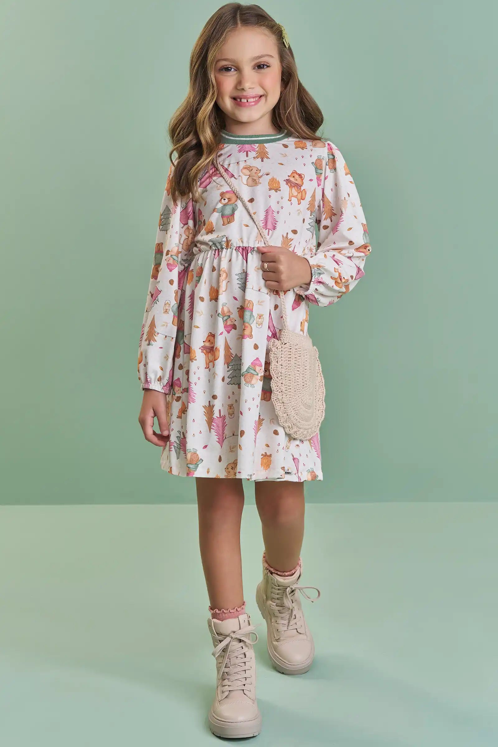 Vestido Infantil Kukiê Inverno Manga Longa Off White Animais na Floresta