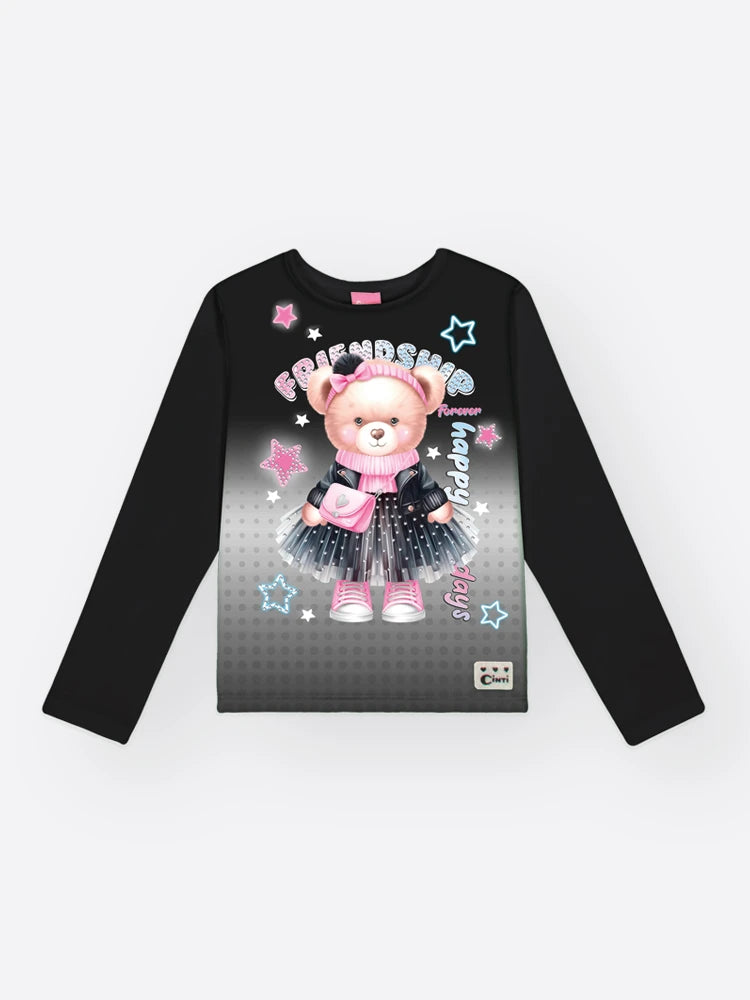 Blusa Infantil Cinti Inverno Manga Longa Térmica Preta Ursinha Friendship
